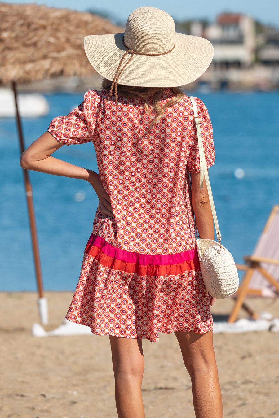 Orange Geometric Floral Color Block Trim Button Front Dress Women UK — side view