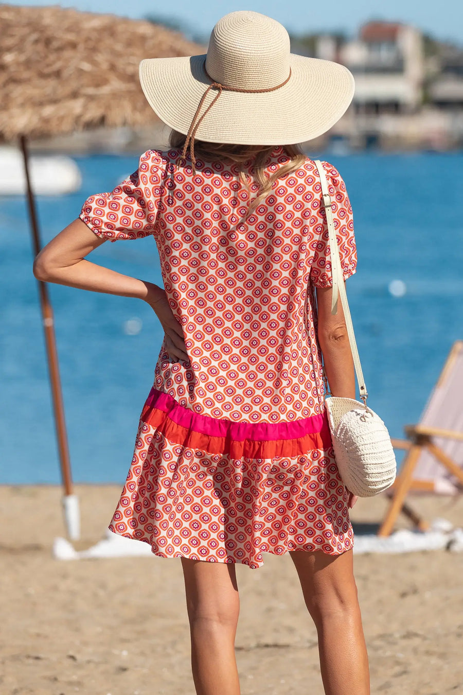 Orange Geometric Floral Color Block Trim Button Front Dress Women UK — side view