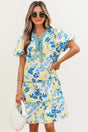 Blue Floral Striped Trim Puff Short Sleeve Dress Women UK