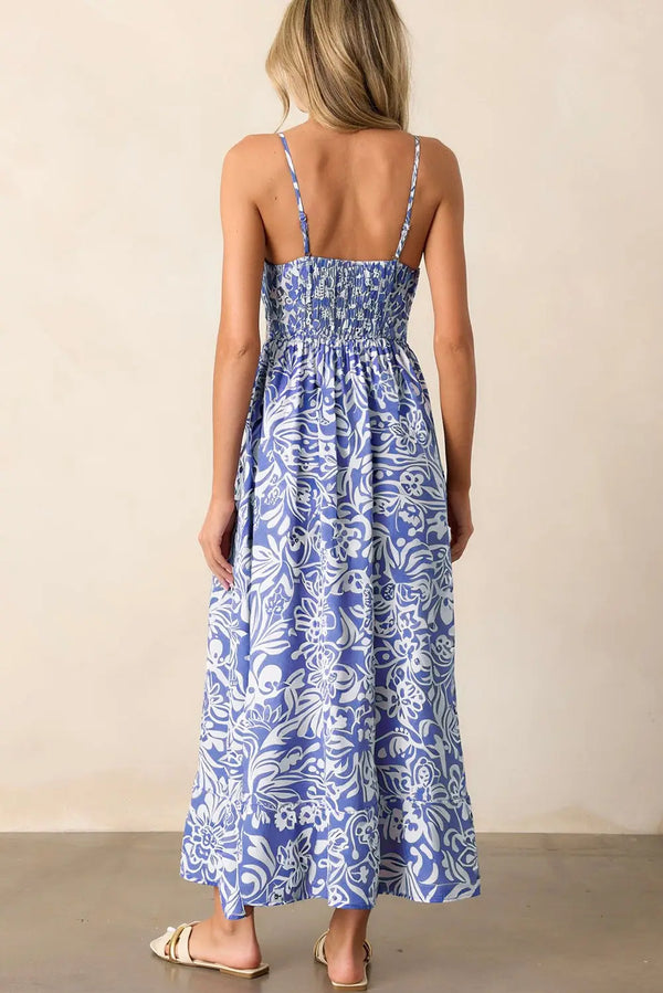 Sky Blue Floral Spaghetti Strap High Waist Maxi Dress Women UK