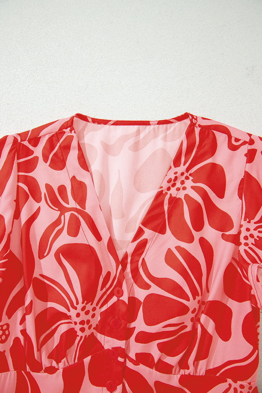 Red Boho Floral V Neck Shirred Waist Long Dress Women UK