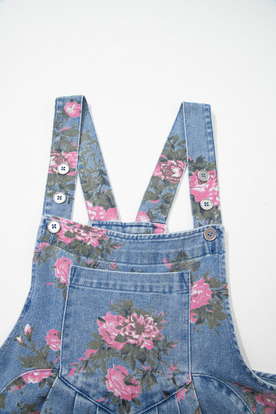 Floral Print Denim Shortalls Adjustable Straps Pockets Relaxed Fit