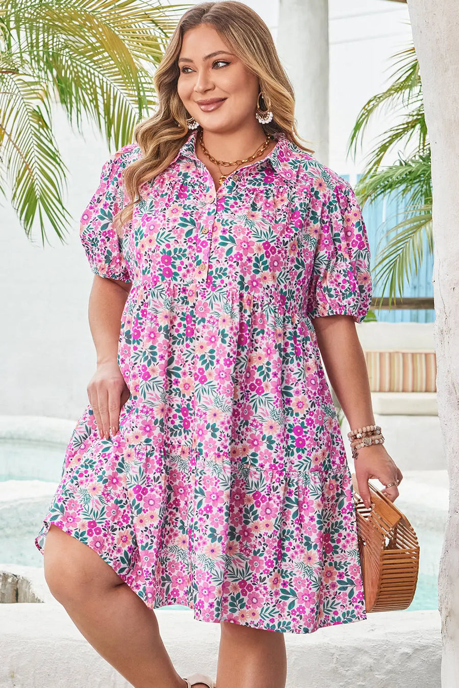 Plus Size Pink Floral Half Button Puff Sleeve A-Line Dress Women UK