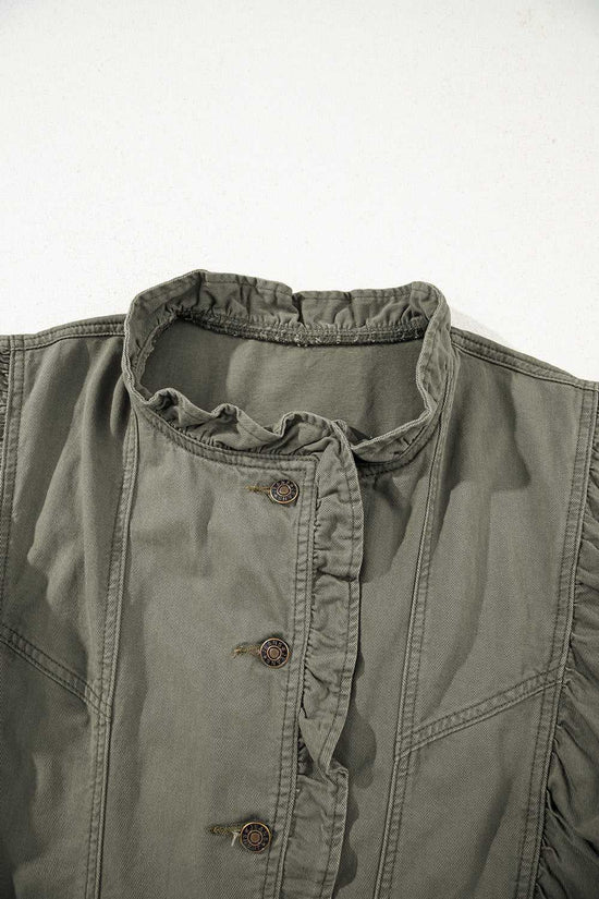 Close-up of collar and buttons on Green Bay Ruffled Denim Vest - Women's Fashion Trends, featuring ruffled neckline and vintage-style hardware.