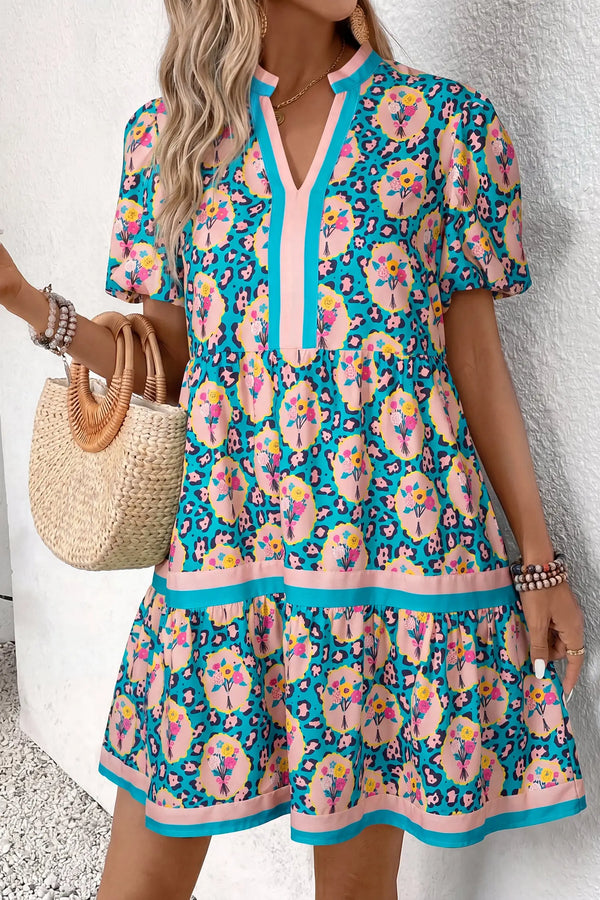 Green Leopard Floral Print Short Sleeve Mini Dress Women UK