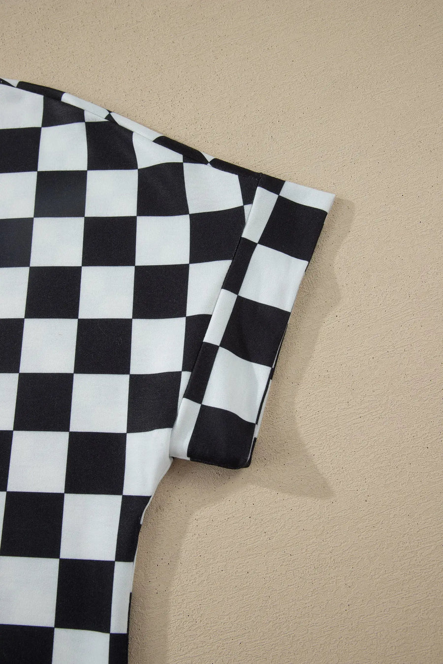 Checkered colour block trim mock neck short set outfit sets