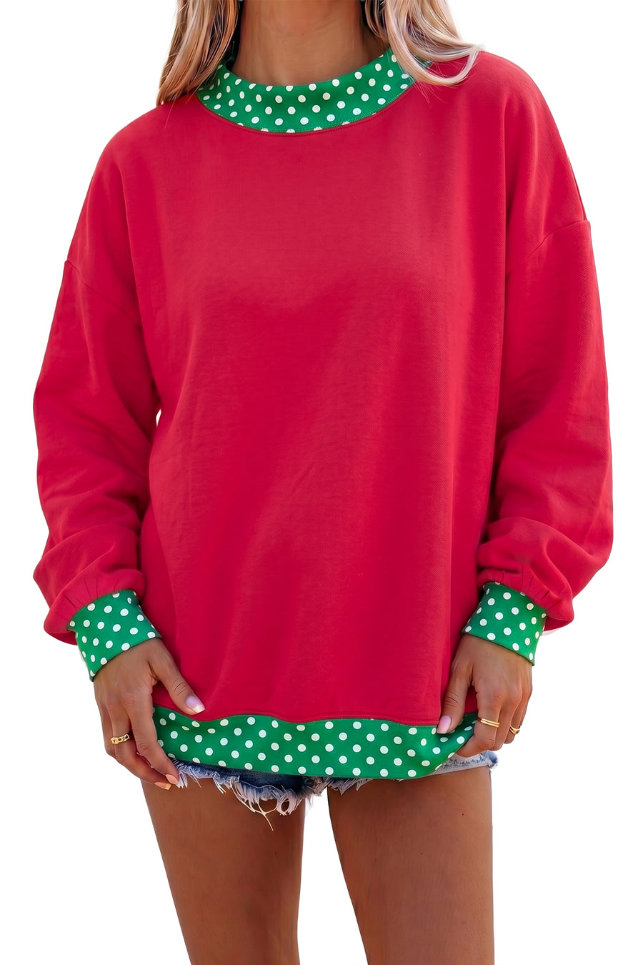 Pink Colorblock Polka Dot Contrast Trim Oversized Sweatshirt Women UK