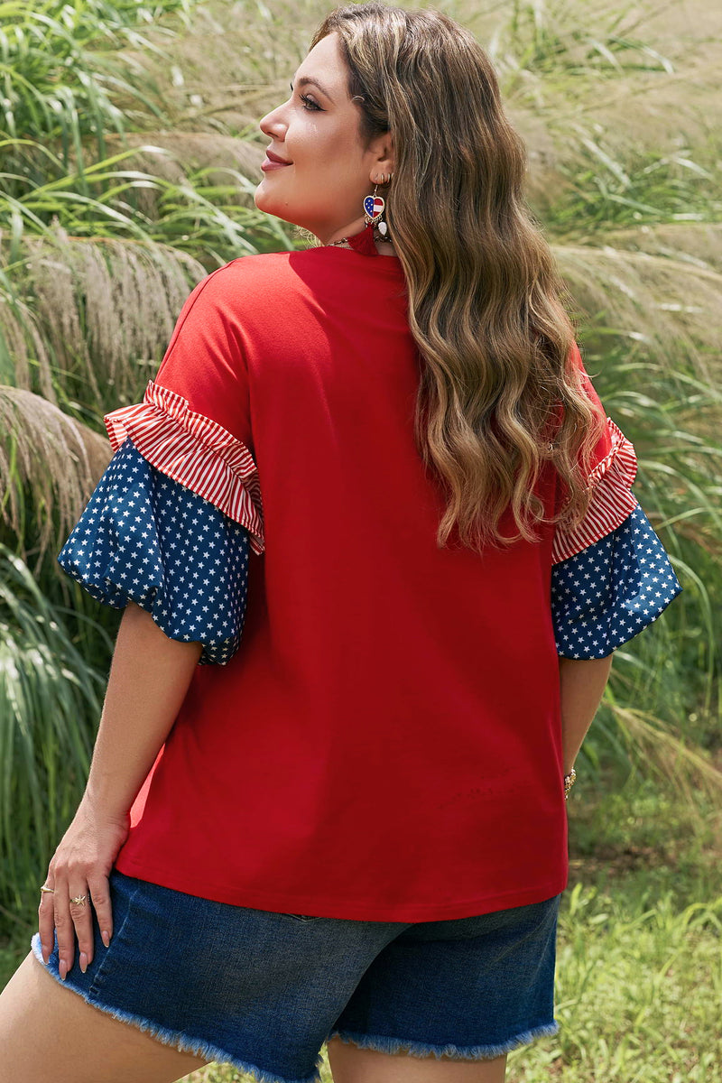 Red bubble sleeve patchwork plus size top — side view showing ruffle trim detail
