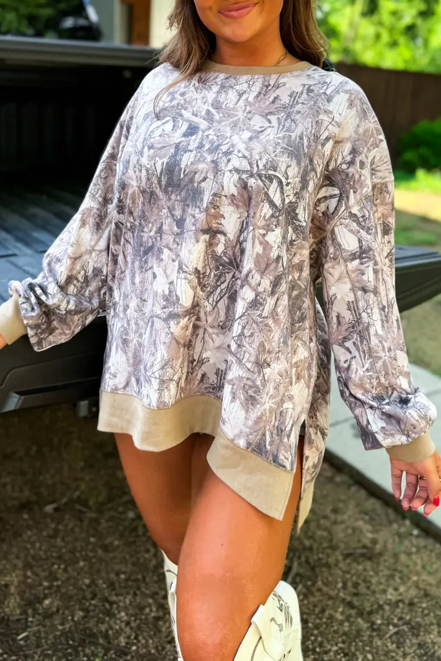 Abstract Camo Colorblock Side Split Tunic Sweatshirt Women UK