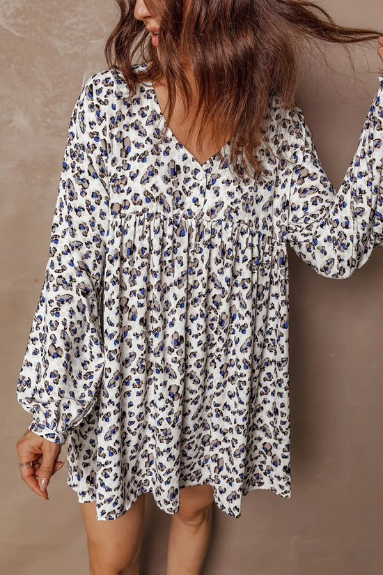 Multicolour leopard print v neck button mini dress