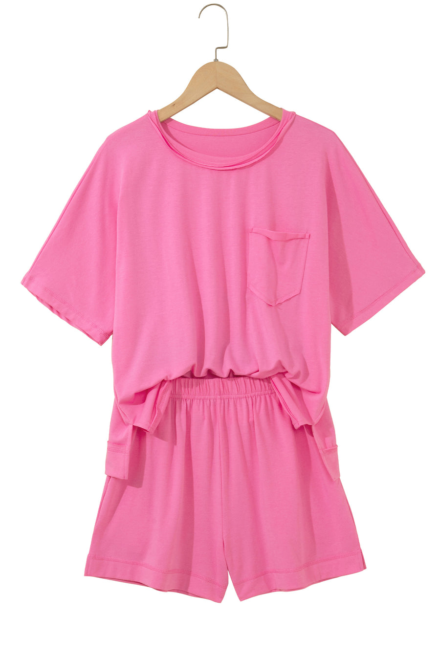 Raw Edge Patch Pocket Oversized Top and Shorts Set Women UK
