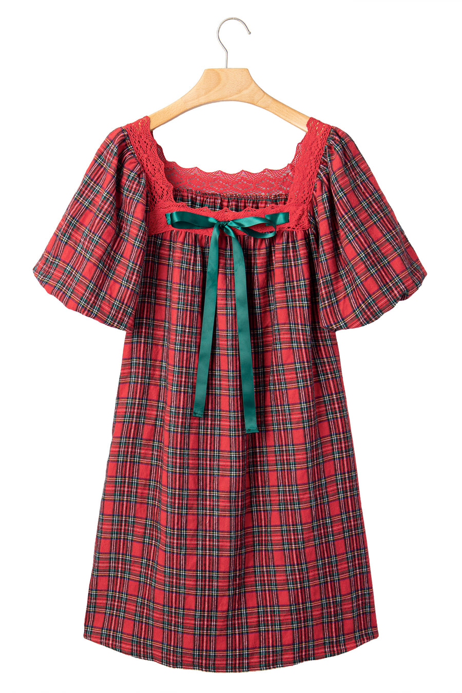 Red Plaid Square Collar Lace Trim Shift Mini Dress Women UK