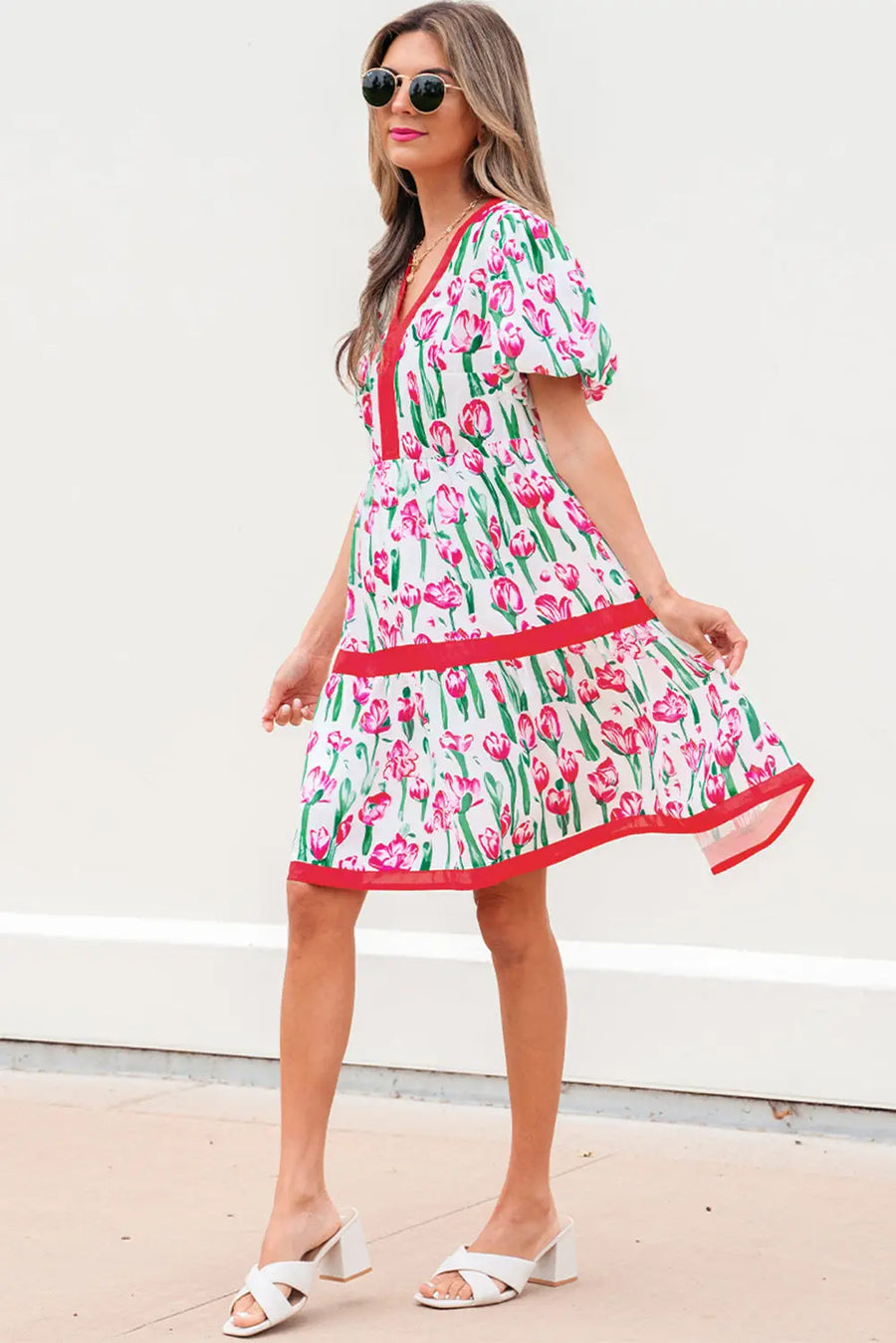 Pink Floral V Neck Bubble Sleeve Babydoll Dress Women UK