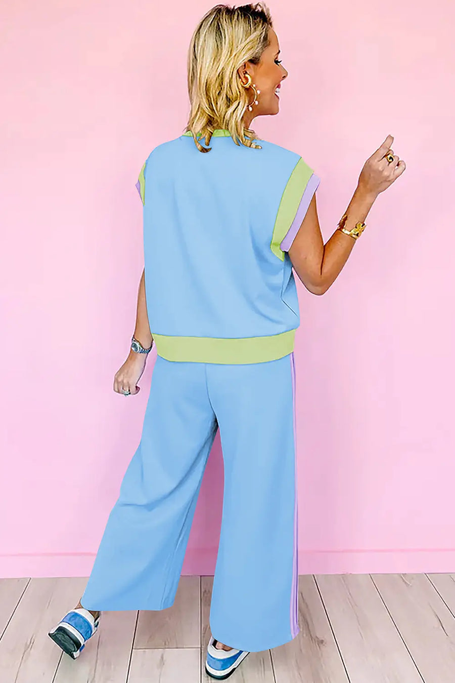 Colour block two piece set cap sleeve wide leg pants women uk