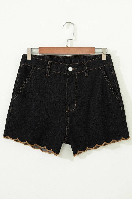 Flat lay of navy blue embroidered scalloped denim shorts showing full length and hem detail Fashionfitz UK