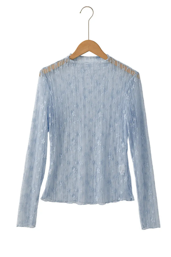 Sheer floral lace slim-fit top blouses