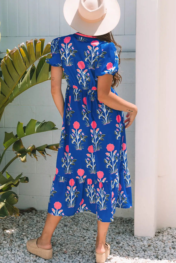Sky Blue Floral Puff Sleeve V Neck High Waist Maxi Dress Women UK — back view