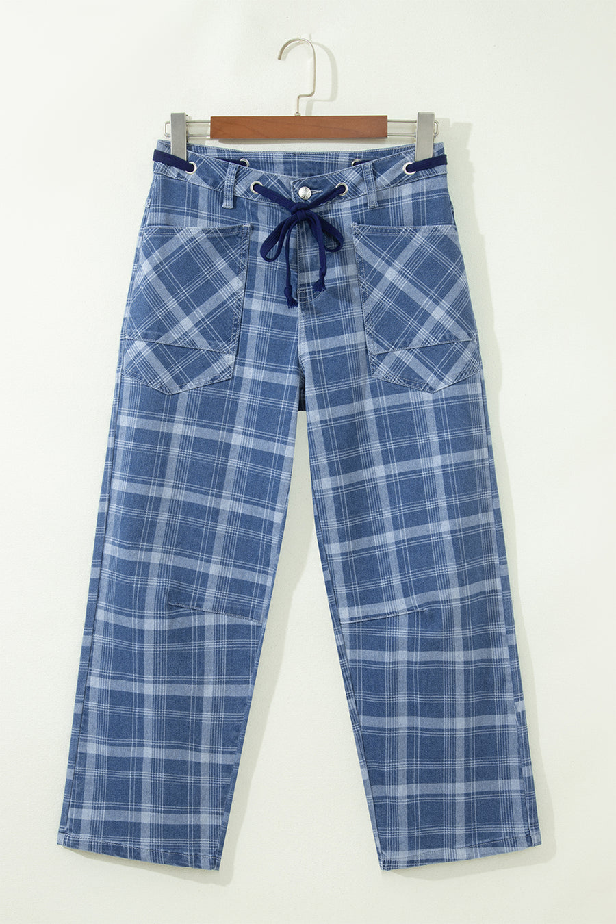 Plaid Denim Grommet Drawstring Waist Ankle-Length Jeans Women UK