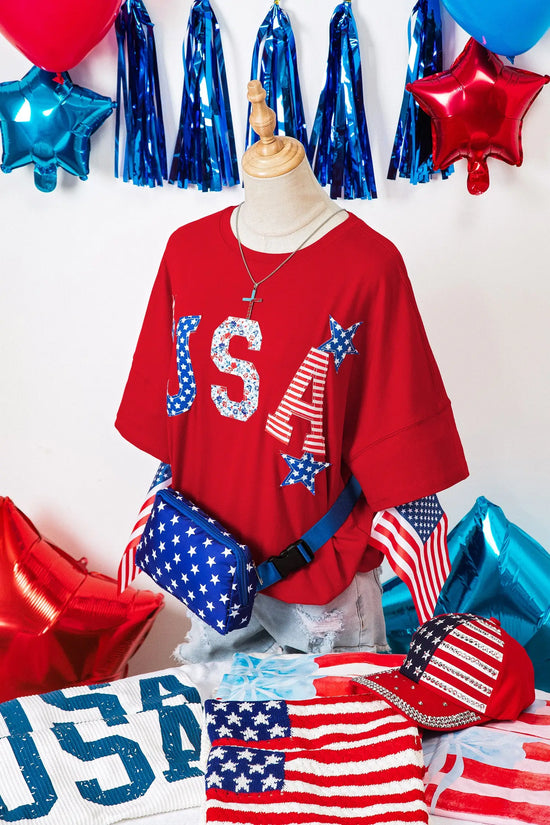 USA patriotic T-shirt styled with denim shorts and white trainers | Fashionfitz UK