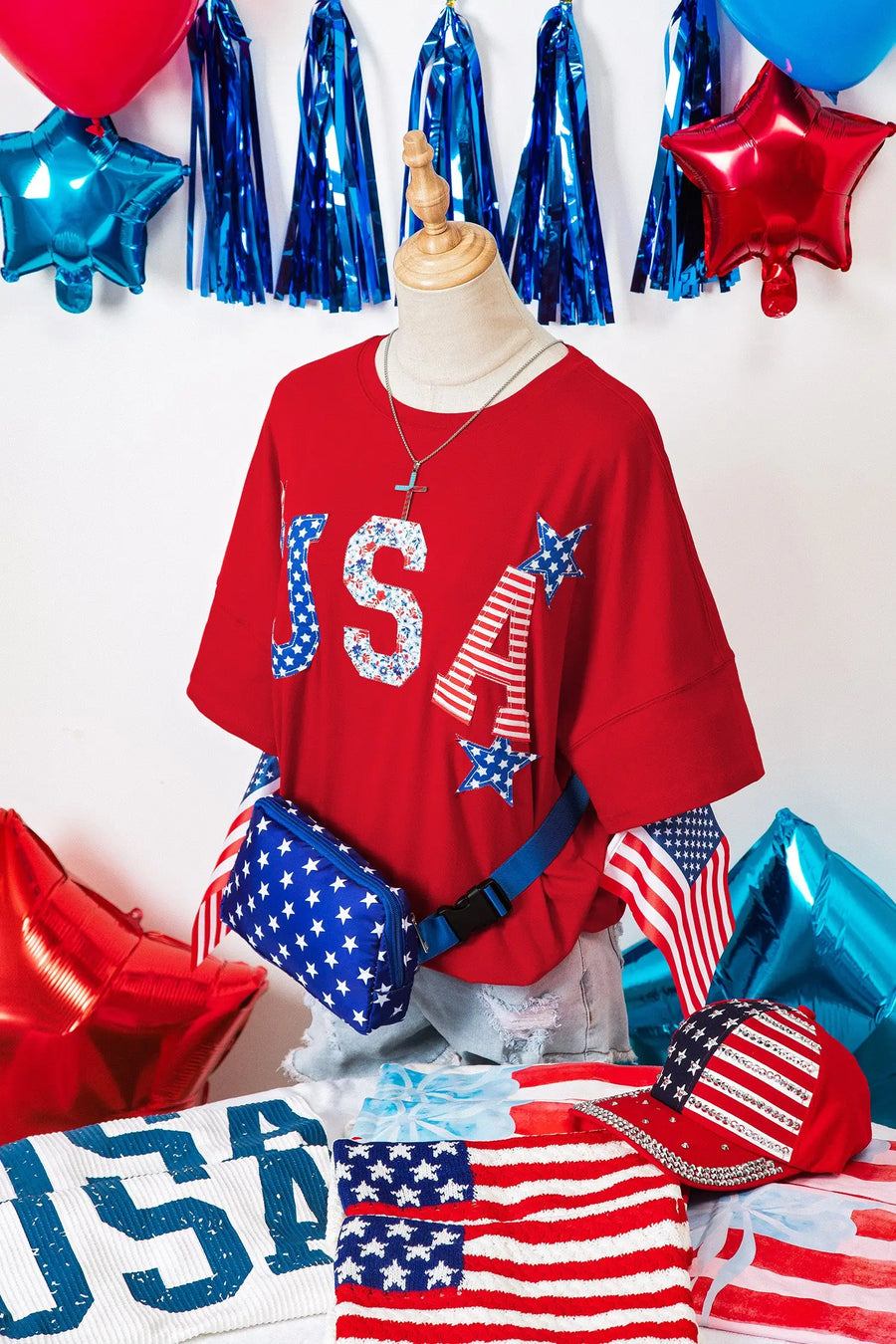 USA patriotic T-shirt styled with denim shorts and white trainers | Fashionfitz UK