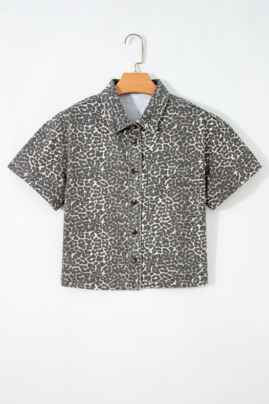 Gray Leopard Short Sleeve Denim Shirt