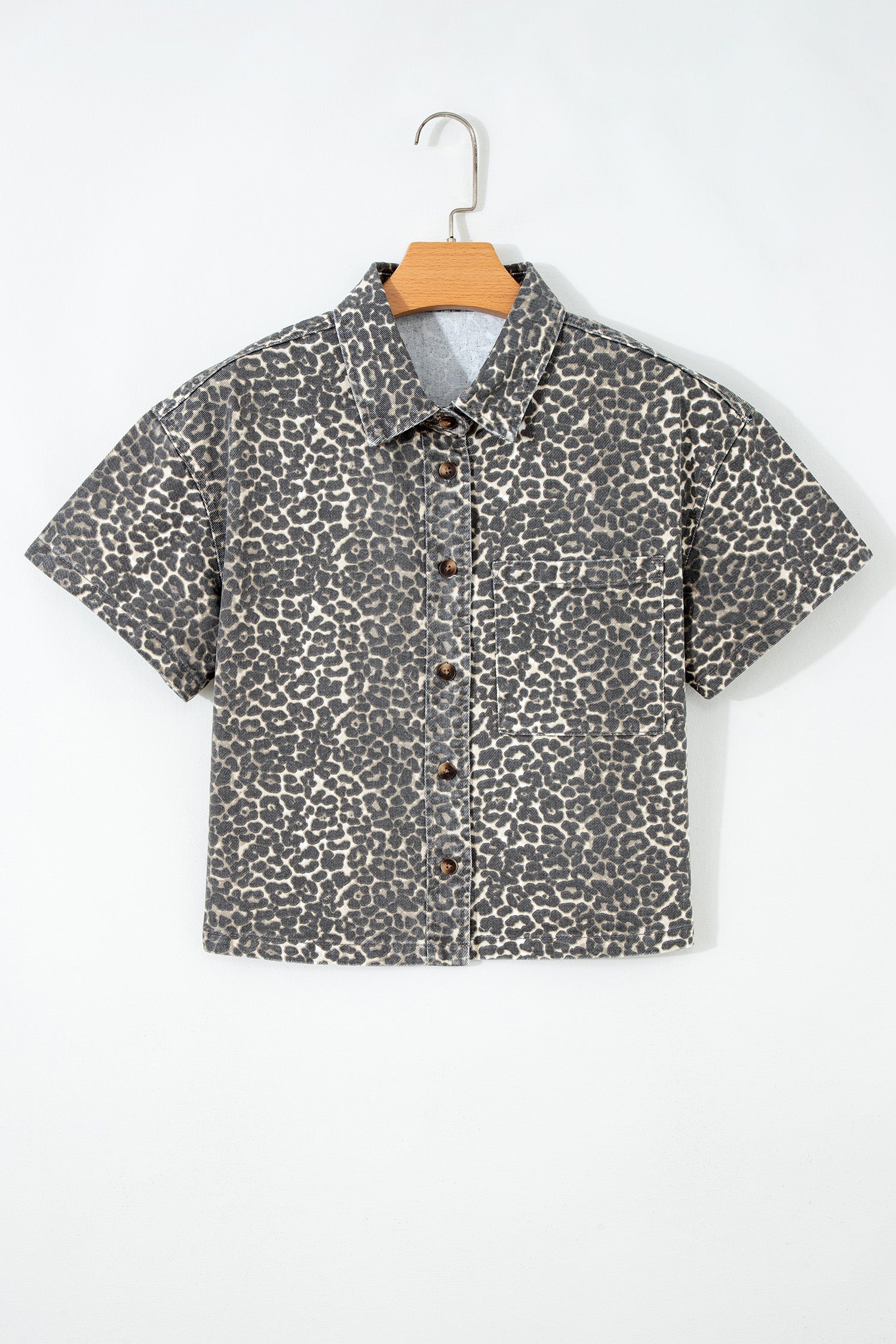 Gray Leopard Short Sleeve Denim Shirt