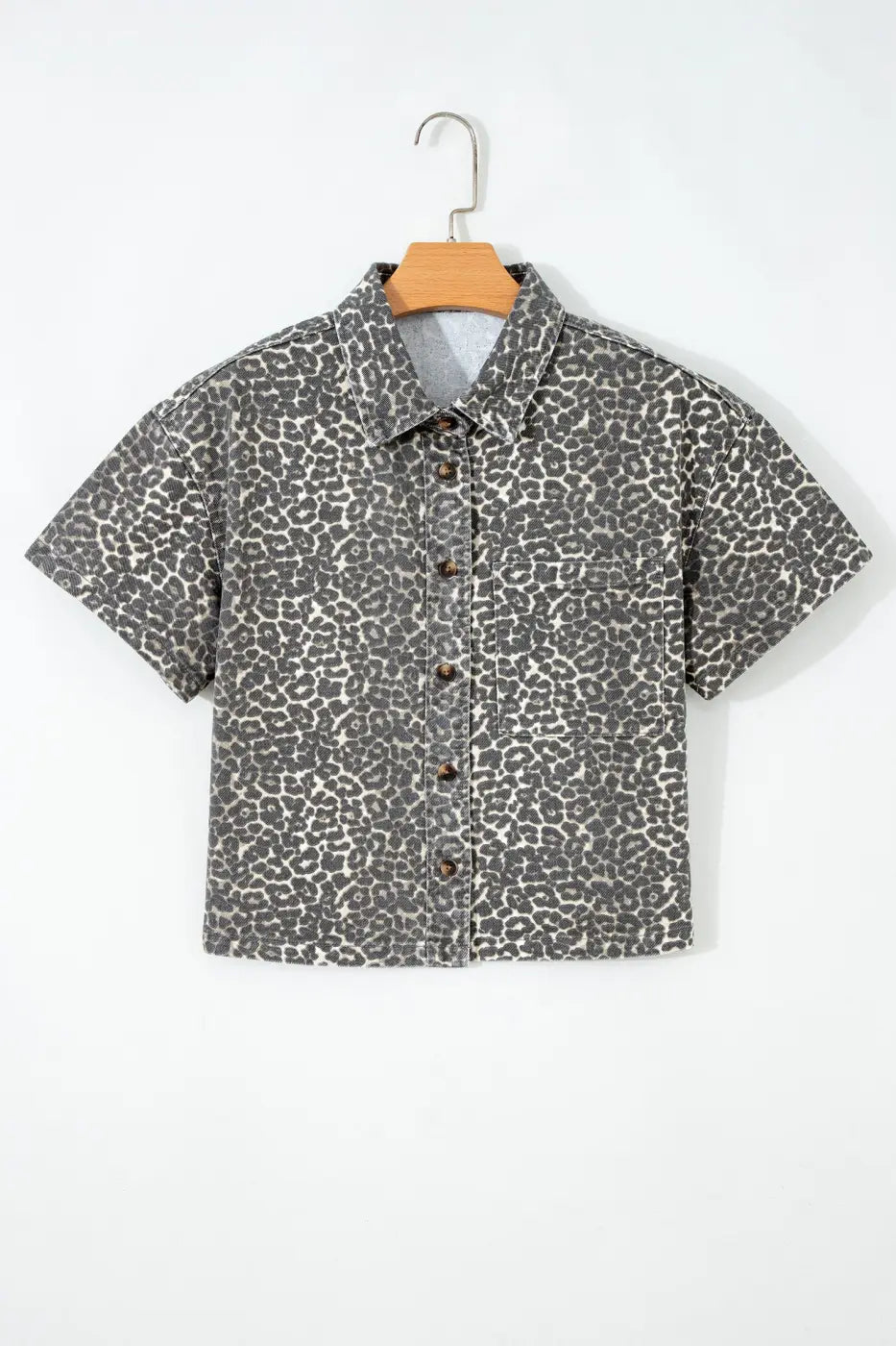 Gray Leopard Short Sleeve Denim Shirt