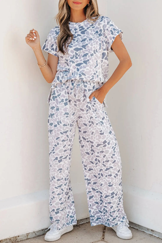 Camo twisted rib tee drawstring pants set short sleeve beige outfit sets