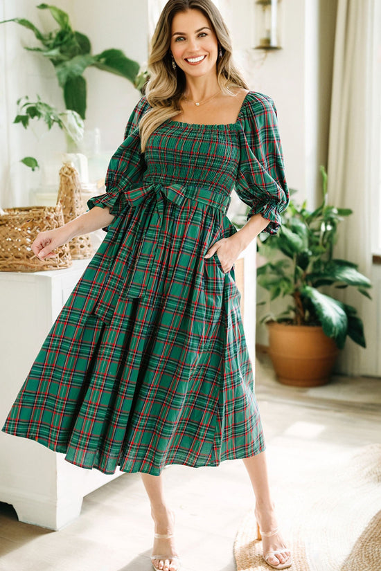 Red Green Tartan Plaid Flared Midi Dress