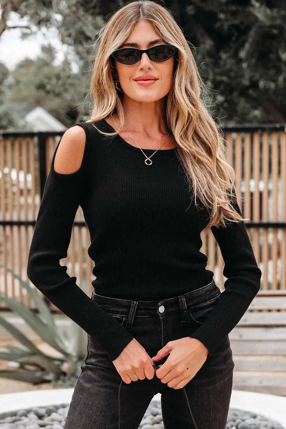 Black cold shoulder sweater - ribbed knit long sleeve top sweaters
