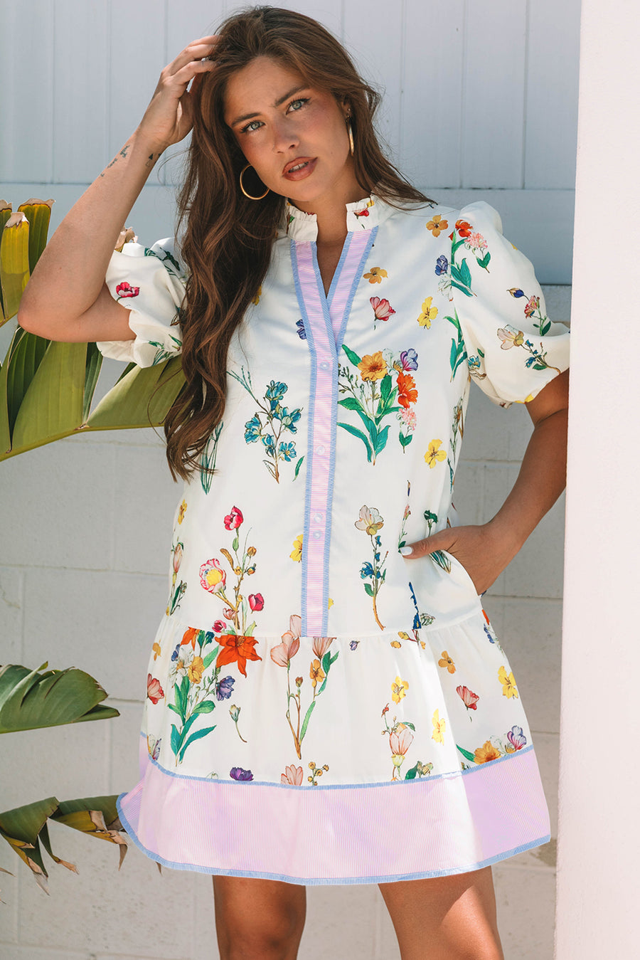 White Floral Contrast Striped Patchwork Puff Sleeve Dress Women UK