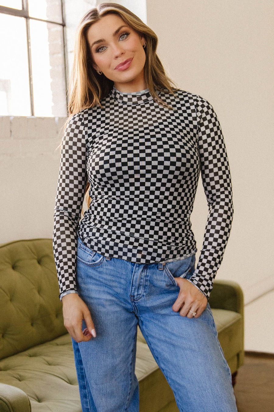 Plaid Stand Neck Long Sleeve Mesh Top Women UK