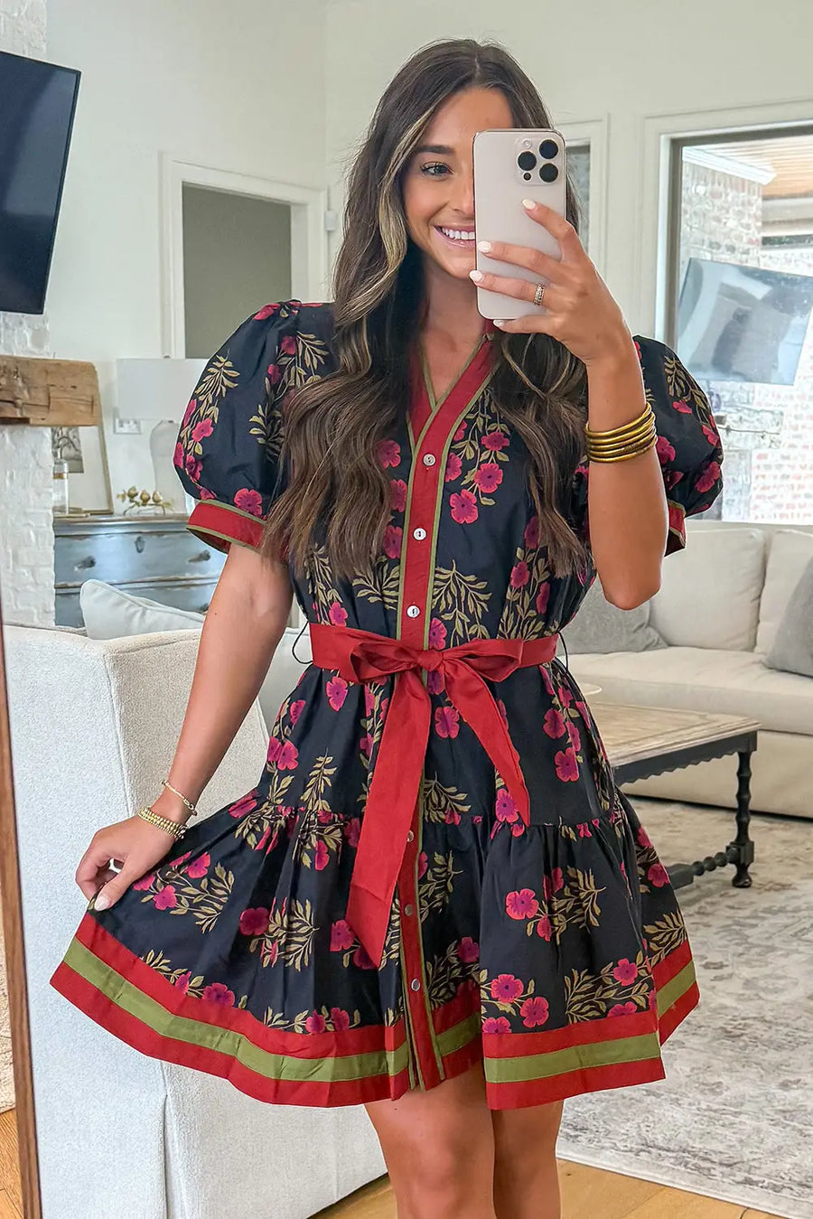 Black Retro Floral Belted Button Down Puff Sleeve Mini Dress Women UK — lifestyle view