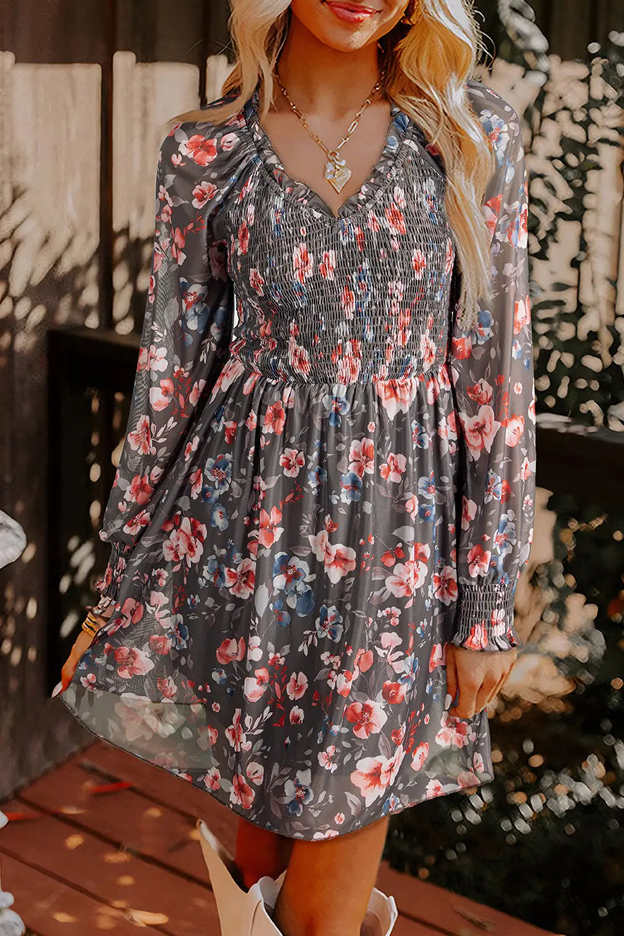 Brown Frilly Smocked Floral Mesh Long Sleeve Mini Dress Women UK