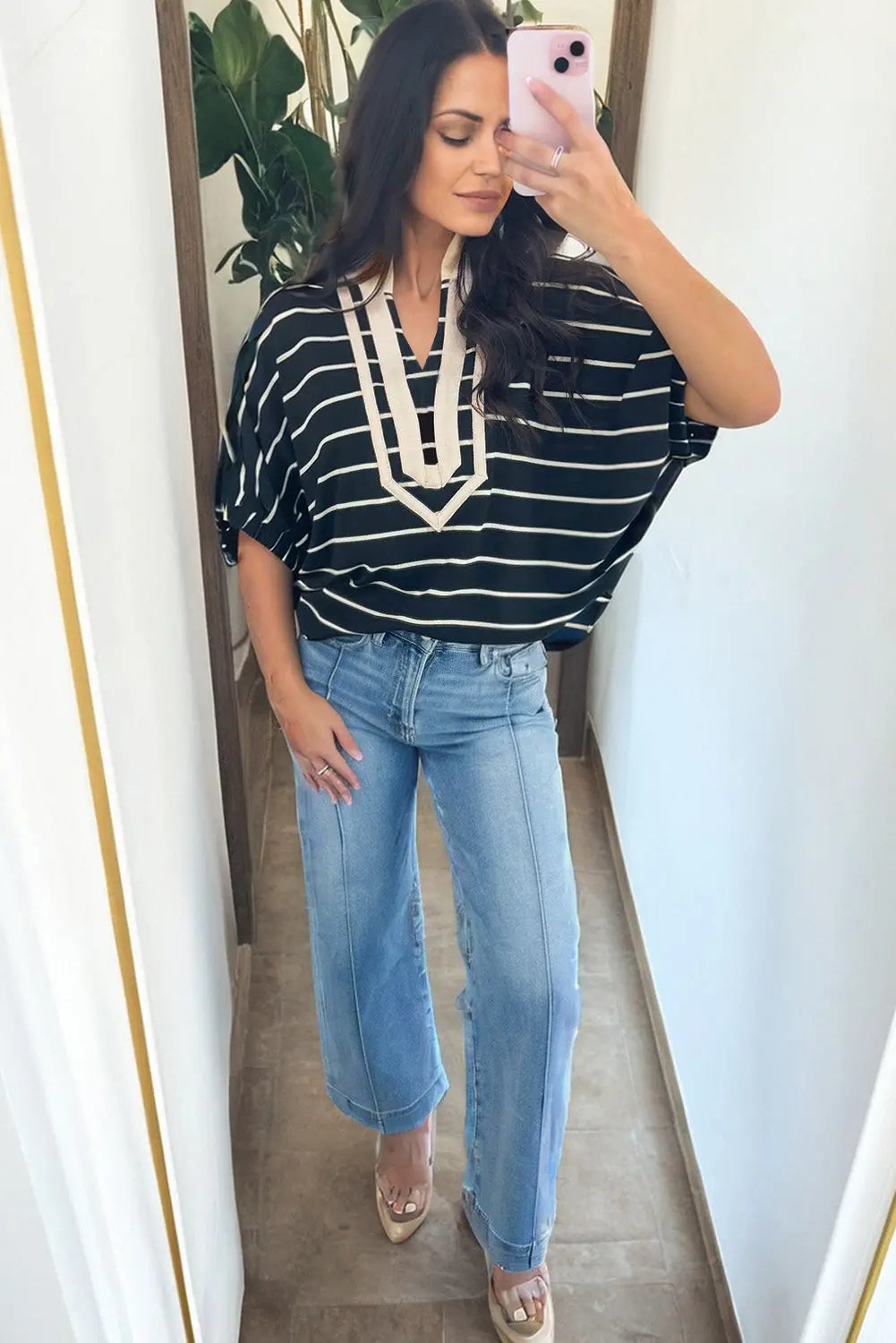 Side view of black stripe dolman top showing relaxed dolman sleeve silhouette Fashionfitz UK