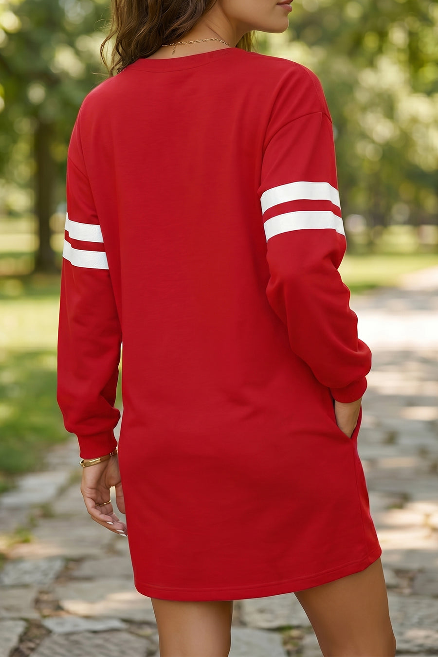 Varsity Contrast Banded Sleeve Sweatshirt Dress Mini Shift with Pockets — lifestyle shot | Fashionfitz UK