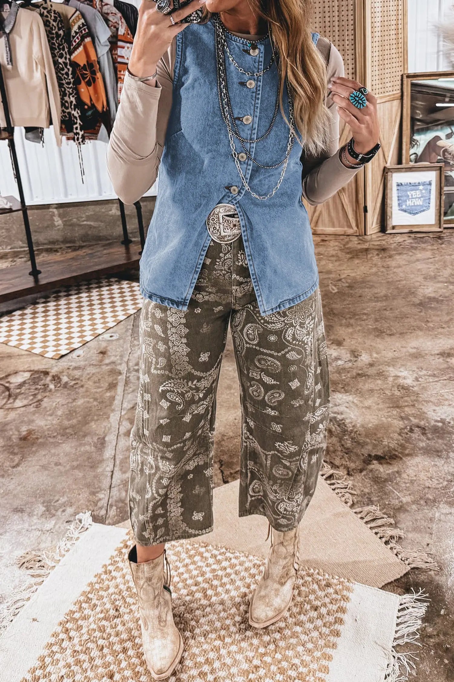 Buttoned front slit denim vest vests