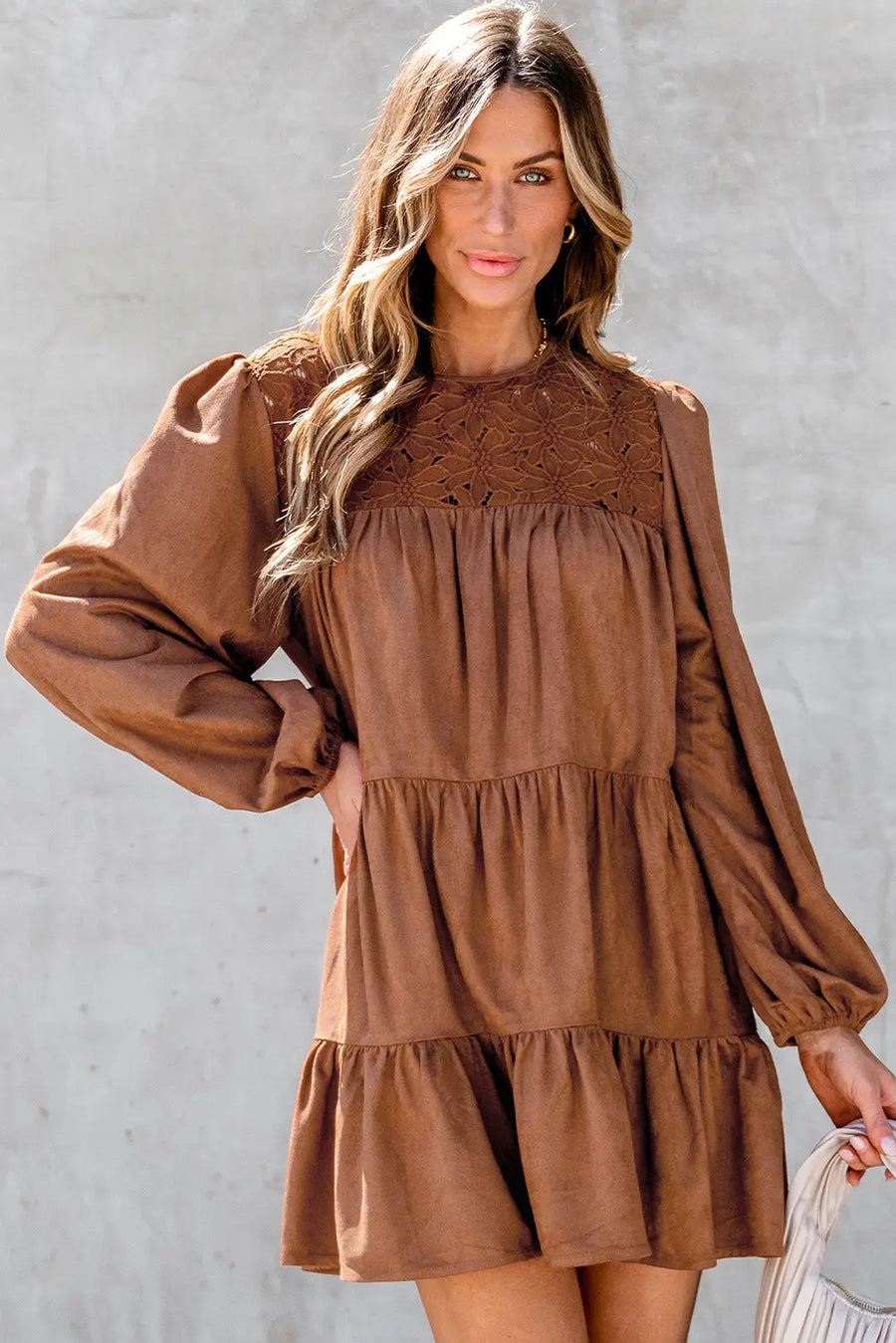 Chestnut Floral Lace Crochet Tiered Mini Dress Women UK