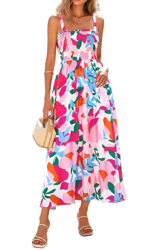 Pink floral print adjustable straps smocked high waist sundress