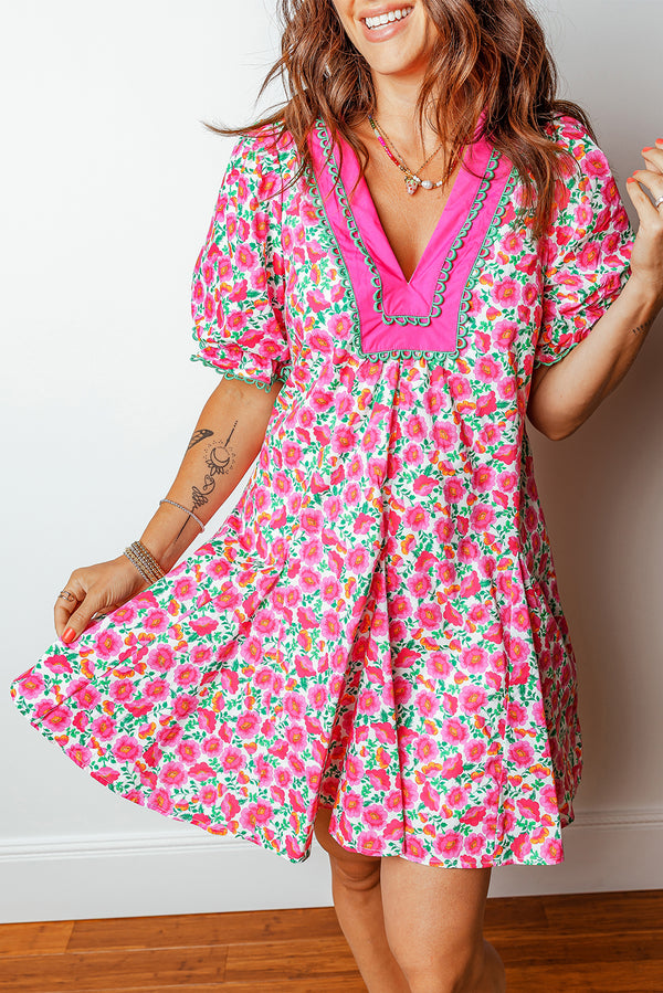 Pink floral patchwork bubble sleeve V neck mini dress women UK front view