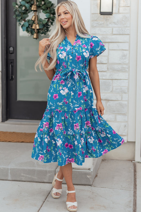 Blue floral flutter sleeve split neck belted maxi dress women UK front view