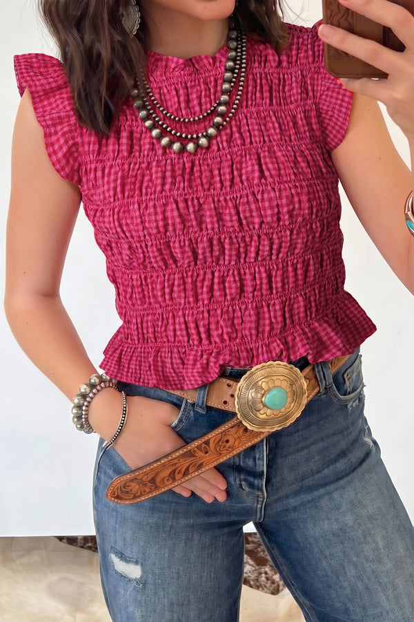 Plaid Shirred Ruffle Trim Bodycon Tank Top Women UK