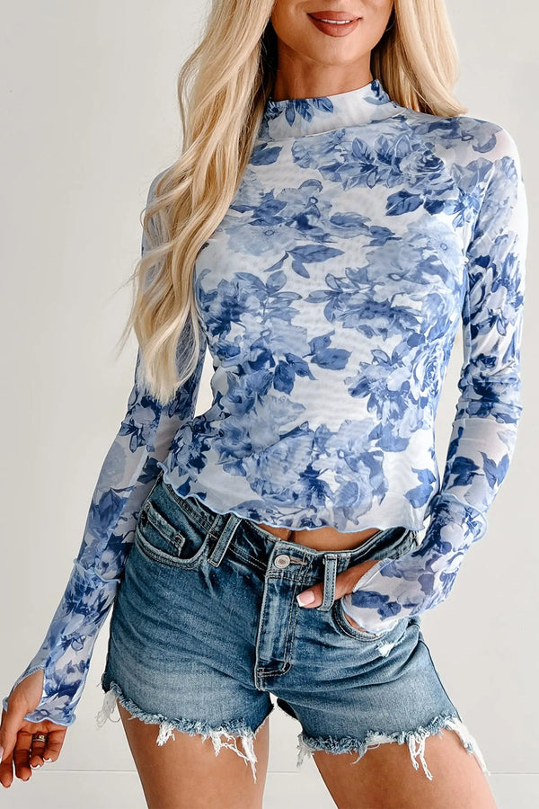 Sky blue floral print stand neck mesh top back view — Fashionfitz UK