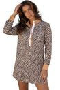 Khaki button striped collar leopard print long sleeve flared dress