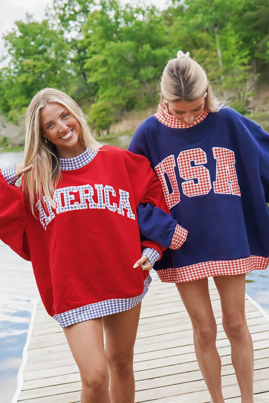 Red plaid trim USA letter graphic baggy sweatshirt alternative angle — Fashionfitz UK