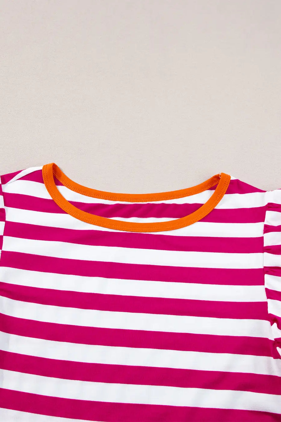 Side view of Rose Red Striped Blouse showing ruffled detail and lightweight polyester drape — Fashionfitz