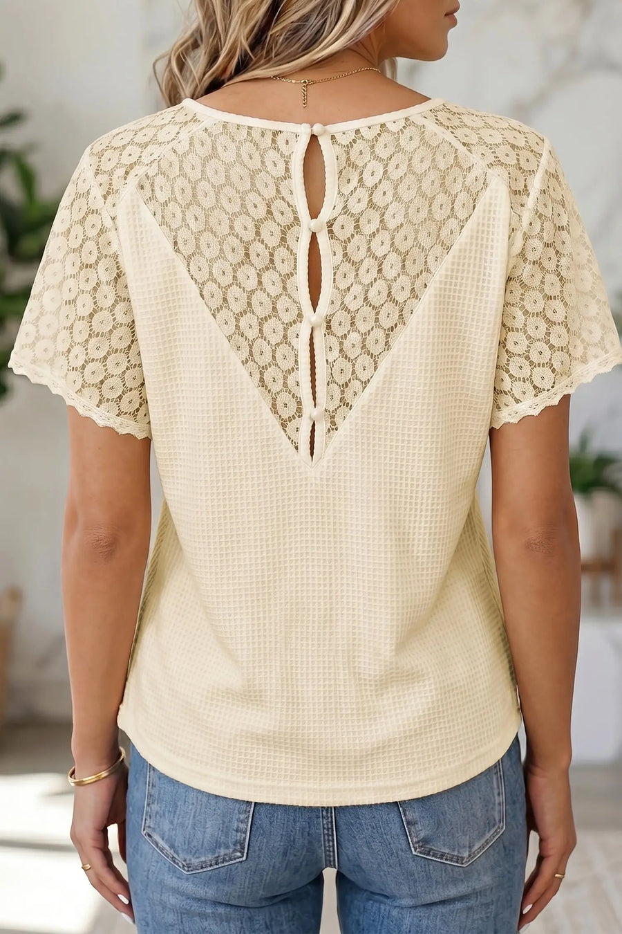 Cutout waffle knit top UK — lace splicing detail, date night occasion