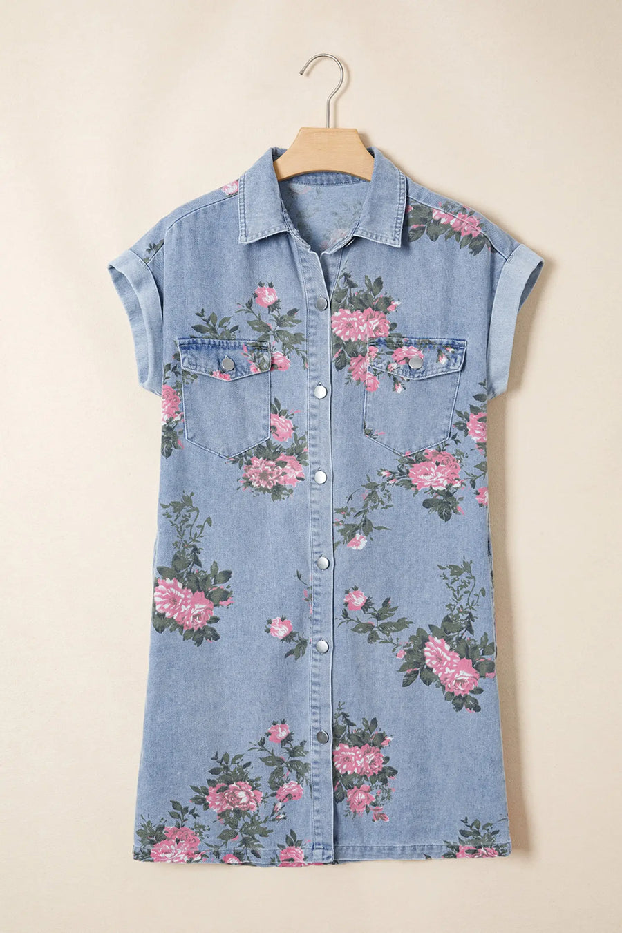 Sky Blue Denim Floral Button Down Shift Dress Women UK