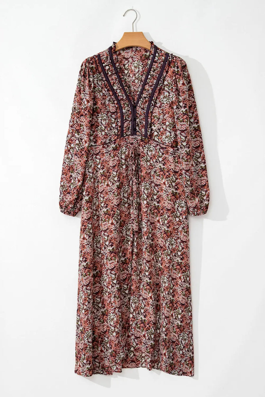 Brown Floral Split Front Tiered Frilled V Neck Midi Dress Women UK