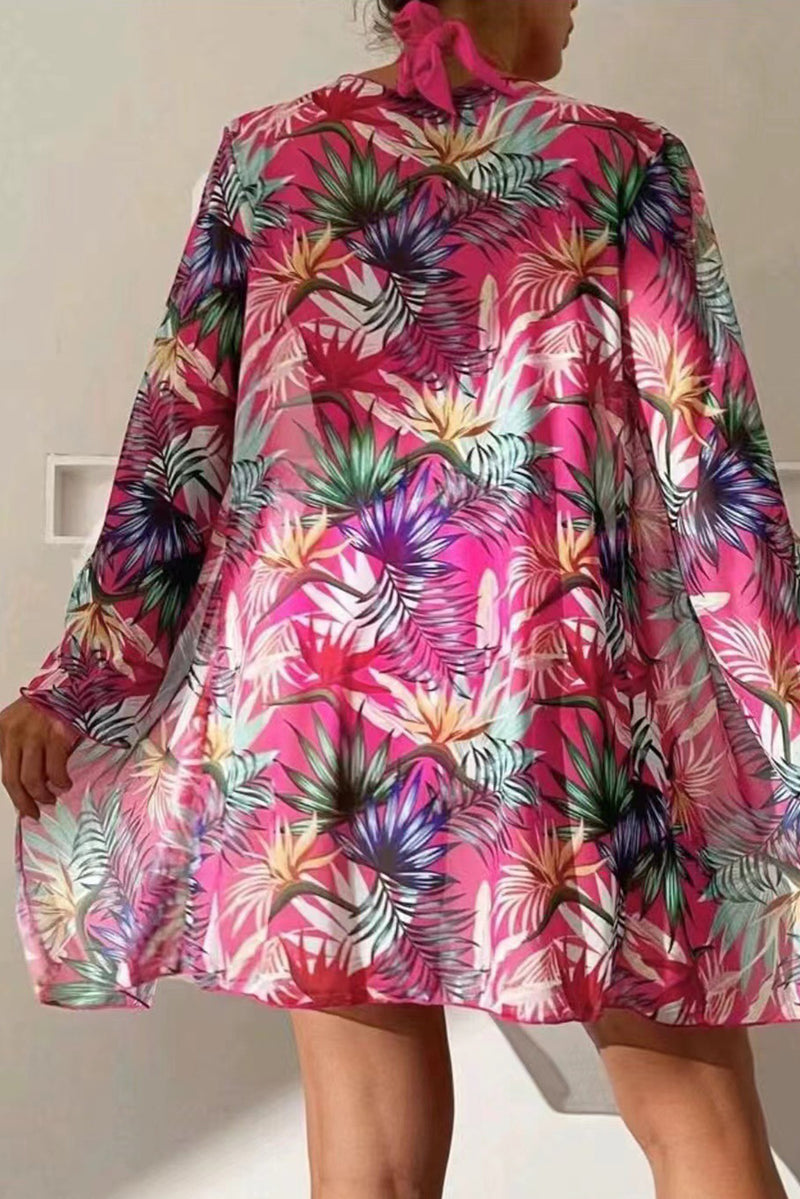Back view of tropical halter bikini set with contrast trim cover up